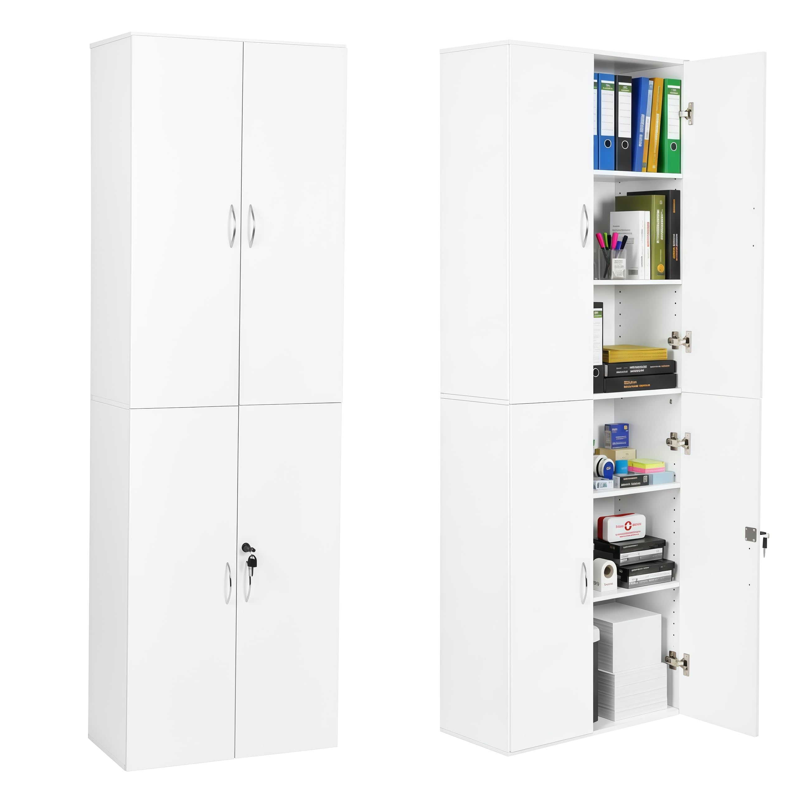 Armoire de Bureau Haut avec Serrures et Système de Sécurité Anti-Basculement, 4 Portes, Étagères Ajustables, Meuble de Rangement Multifonction pour Home Office, Garage, Cuisine, 180cm