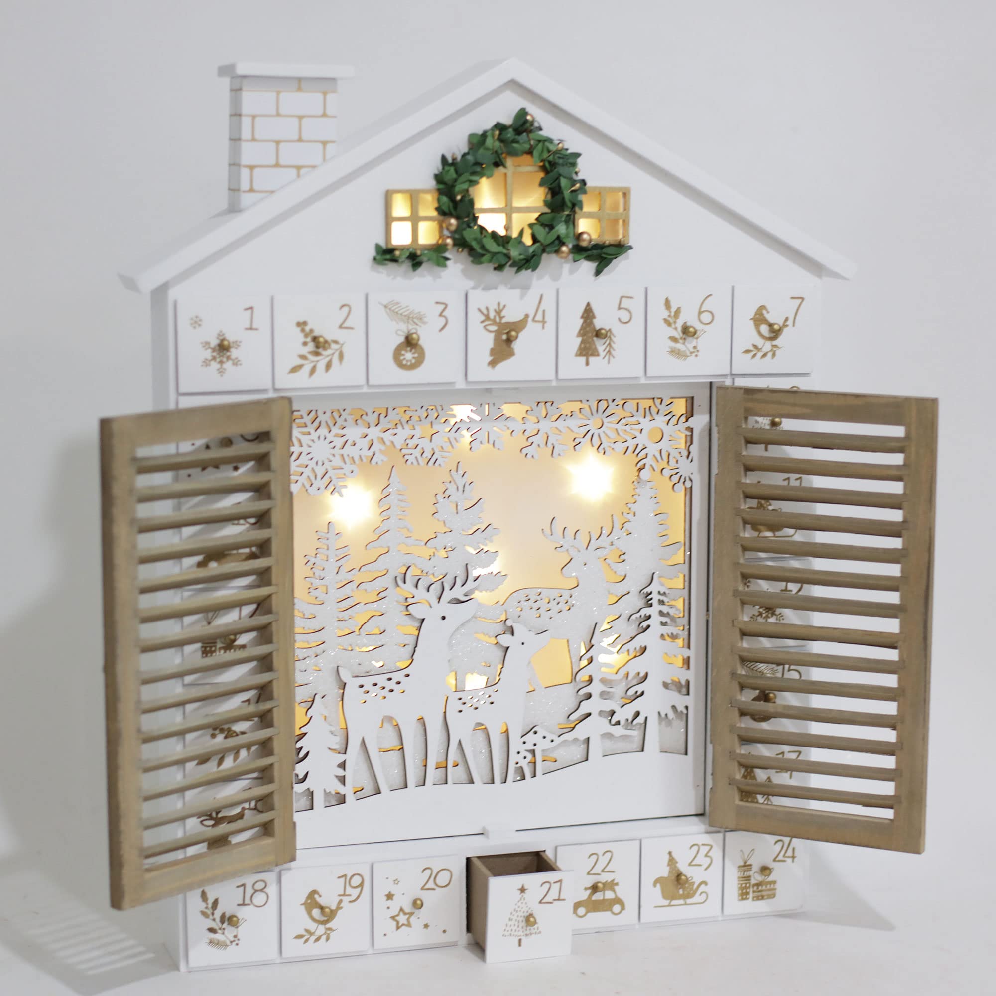 Holz Weihnachten Adventskalender Haus mit Jalousien Stil LEDs Rentier Wald Xmas Geschenke für Erwachsene