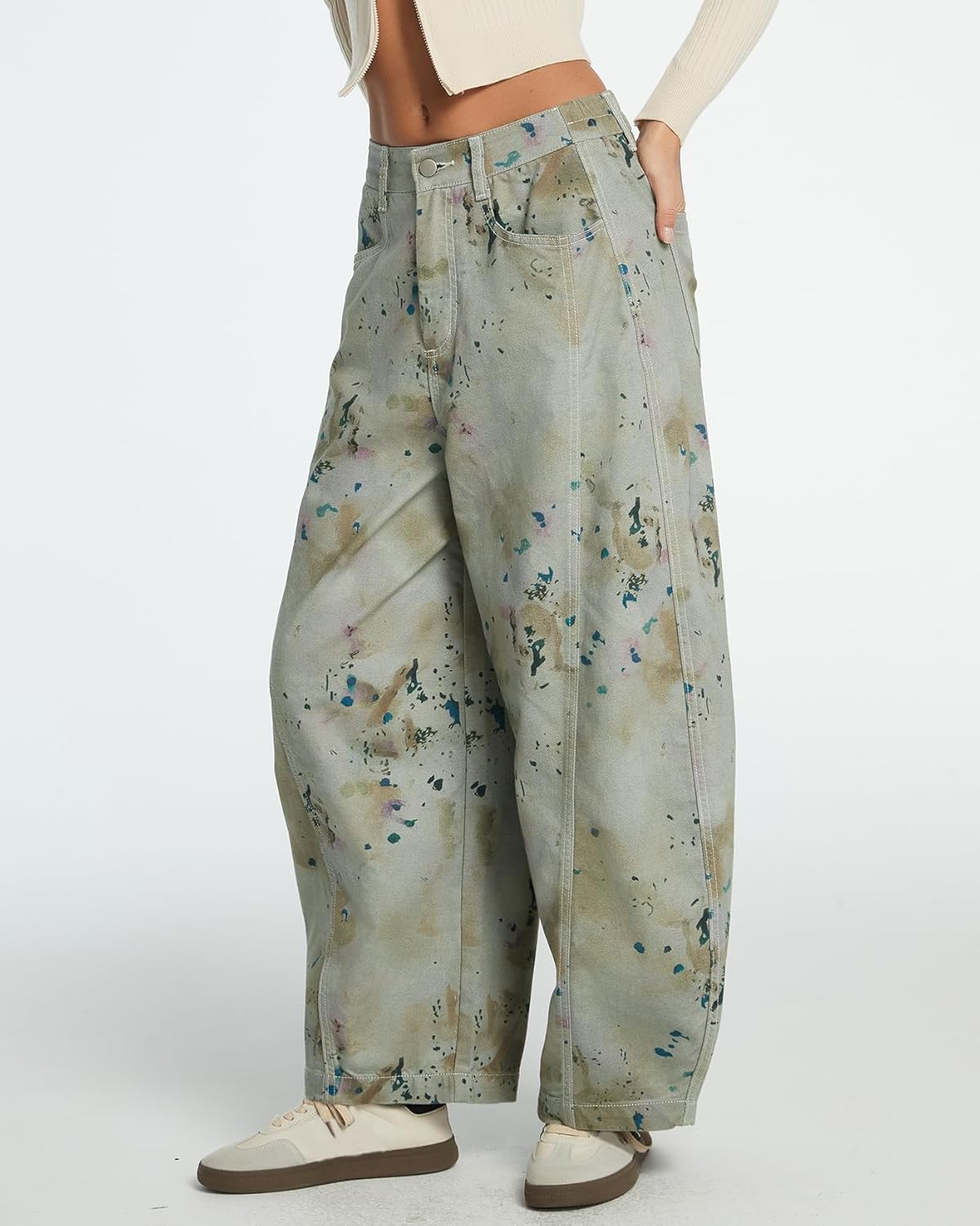 Women's Printed Baggy Barrel Jeans High Waisted Wide Leg Denim Pants - Image 3