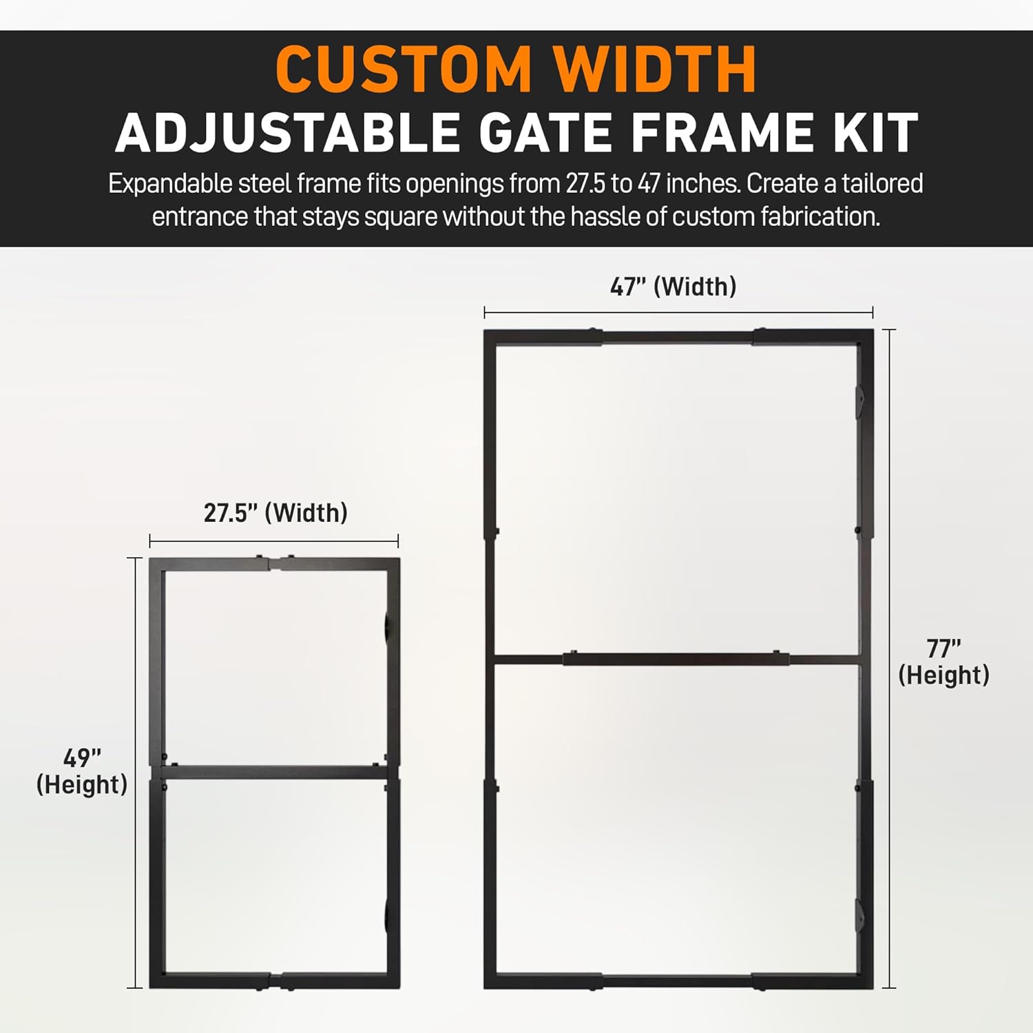 GateMate Adjustable Steel Gate Frame Kit – Black Heavy-Duty Powder-Coated Garden & Driveway Gate Frame, Fits 28–48" inch Width & 50–77" inch Height, Fixings Included