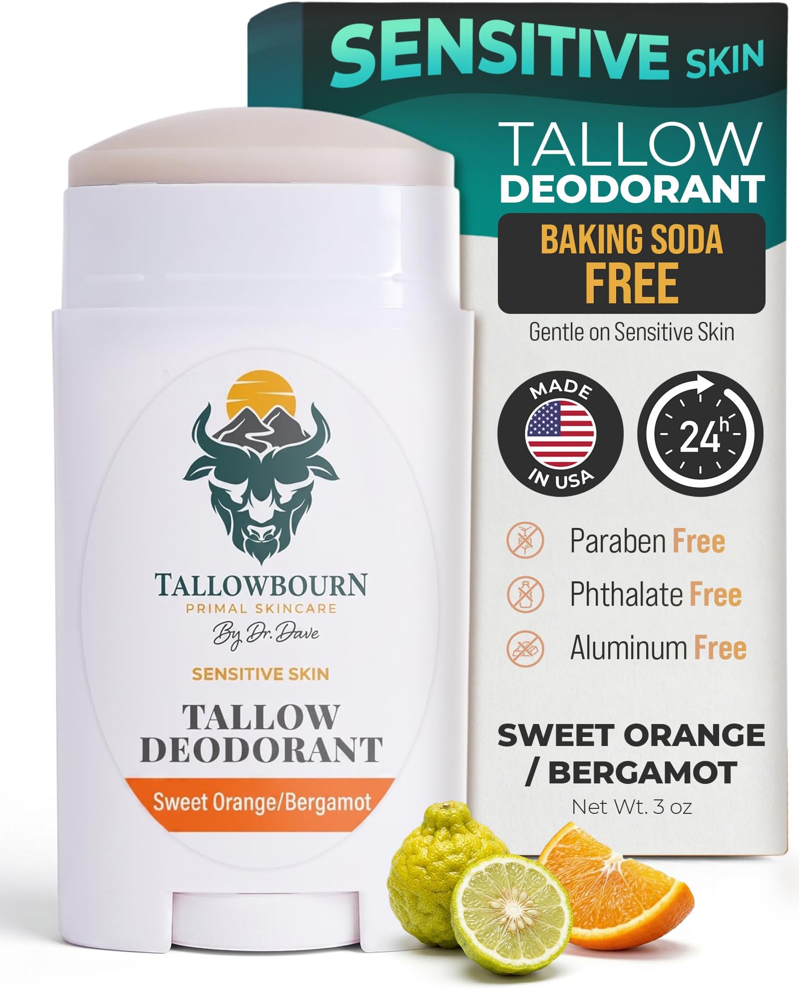 Sensitive Skin Tallow Deodorant - Magnesium Hydroxide Formula, Aluminum and Baking Soda Free Deodorant for Men and Women, Gentle Odor Protection, Sweet Orange and Bergamot Scent, 3 oz