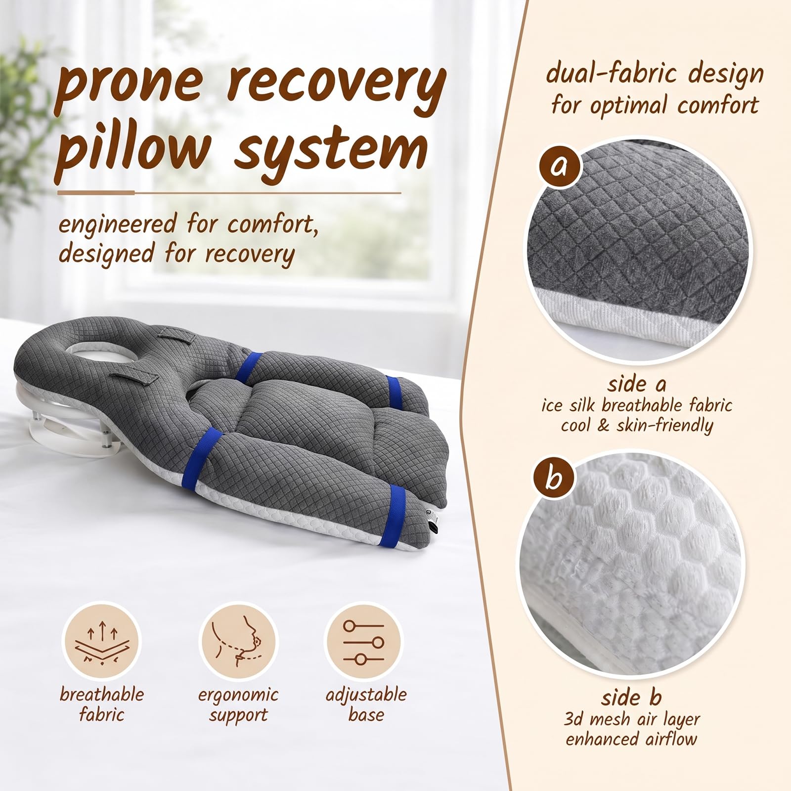 Almohada para dormir boca abajo con orificio para la cabeza, almohada ergonómica para dormir boca abajo, para dormir boca abajo, masaje reposacabezas, soporte ajustable y almohadilla para el