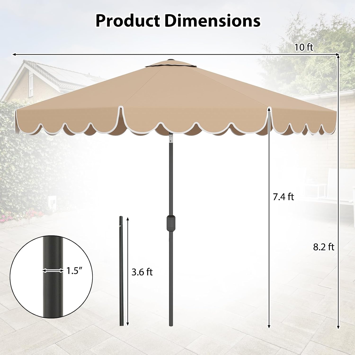 HAPPYGRILL 10 FT Patio Umbrella, Market Table Umbrella w/Crank, Push Button Tilt, Ruffled Edges, Vented Top & 8 Ribs, Outdoor Sun Shade for Poolside Backyard Beach
