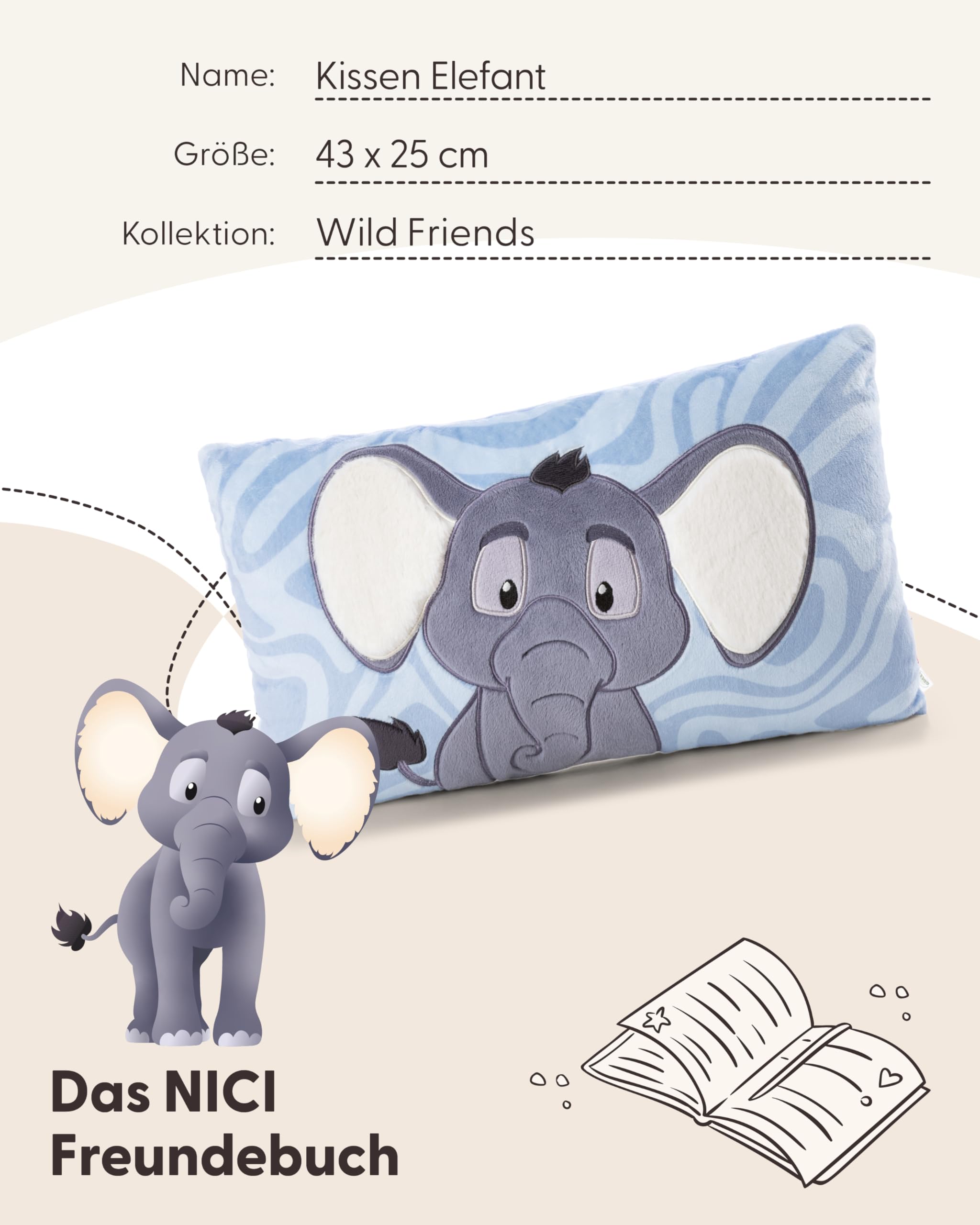 NICI Kissen Elefant 43x25cm - grau - Flauschiges NICI Kuscheltier Kissen für Kinder und Erwachsene, Plüschkissen ideal für Zuhause, Kindergarten oder unterwegs - 62752
