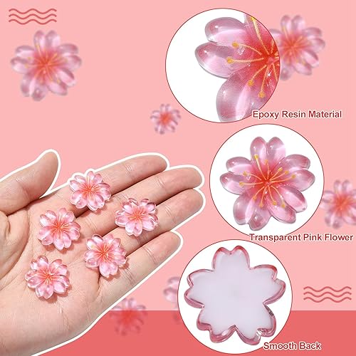 Miniatura 3 de LiQunSweet 20 cuentas sueltas de flor de cerezo oriental rosa con parte trasera plana para hacer joyas, manualidades, adornos de álbumes de recortes