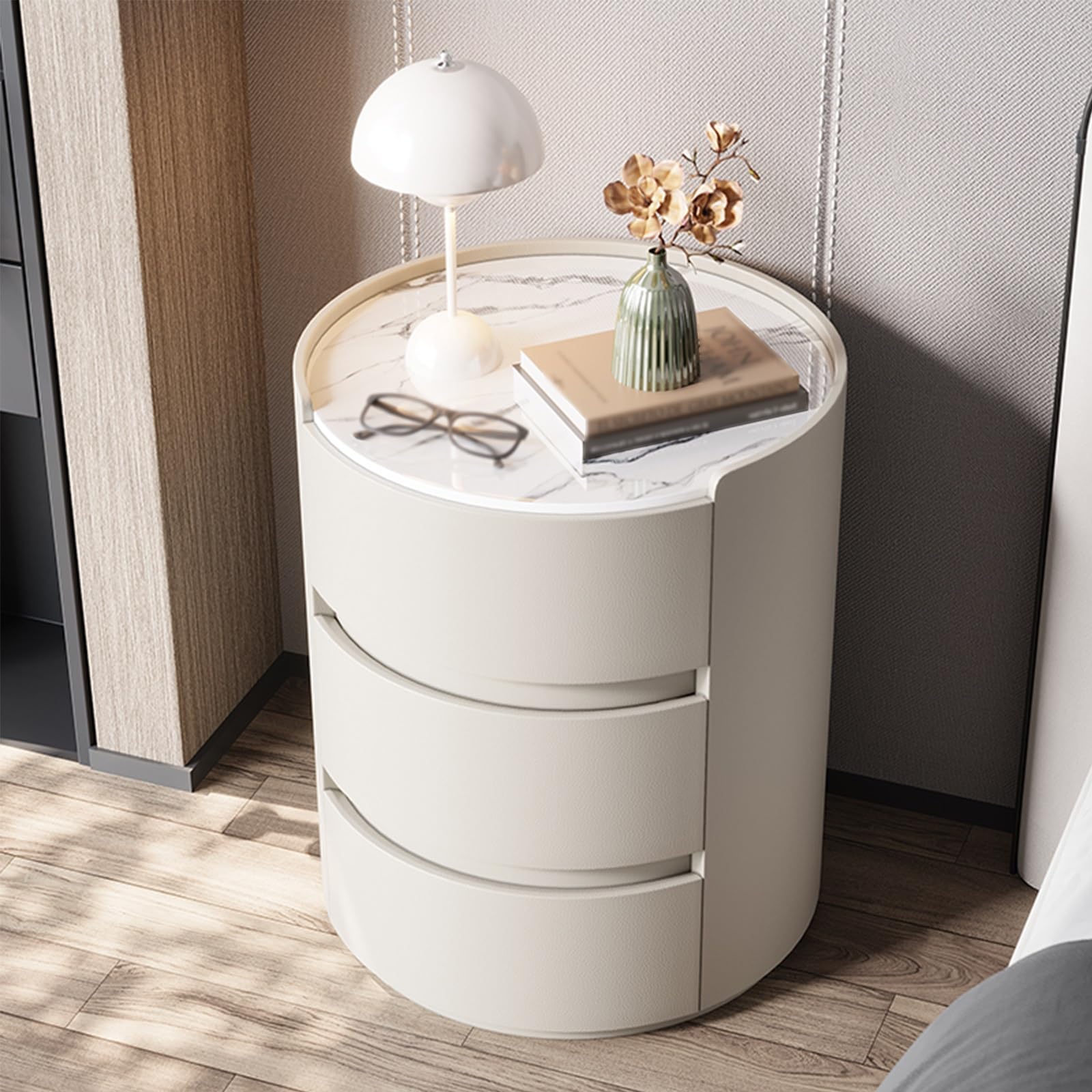 Modern Round nightstand Round side tables bedroom Room Storage Cabinet Round night stand with stone tabletop Bedroom Bedside Table with Storage