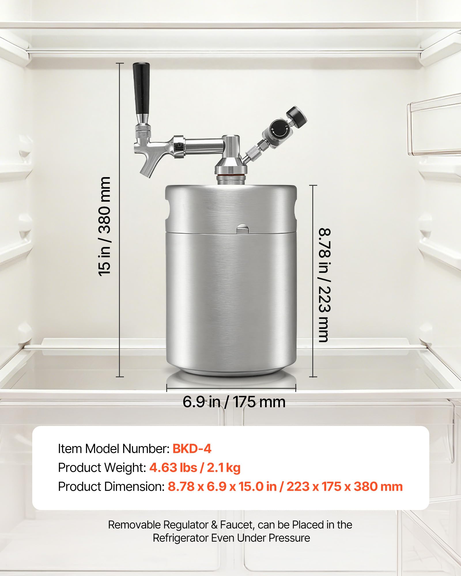VEVOR Mini Barril Dispensador de Cerveza de 4 L de Acero Inoxidable 304, Con Regulador de CO₂ y Grifo de Cierre Automático, Compatible con Cartuchos de CO₂ de 16 g (No Incluido), Para Fiesta, Hogar