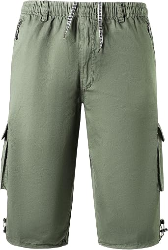 Mens Casual Cargo Long Shorts 3/4 Drawstring Cotton Bermuda Short Multi Pocket Capri Long Short Elastic Work Shorts