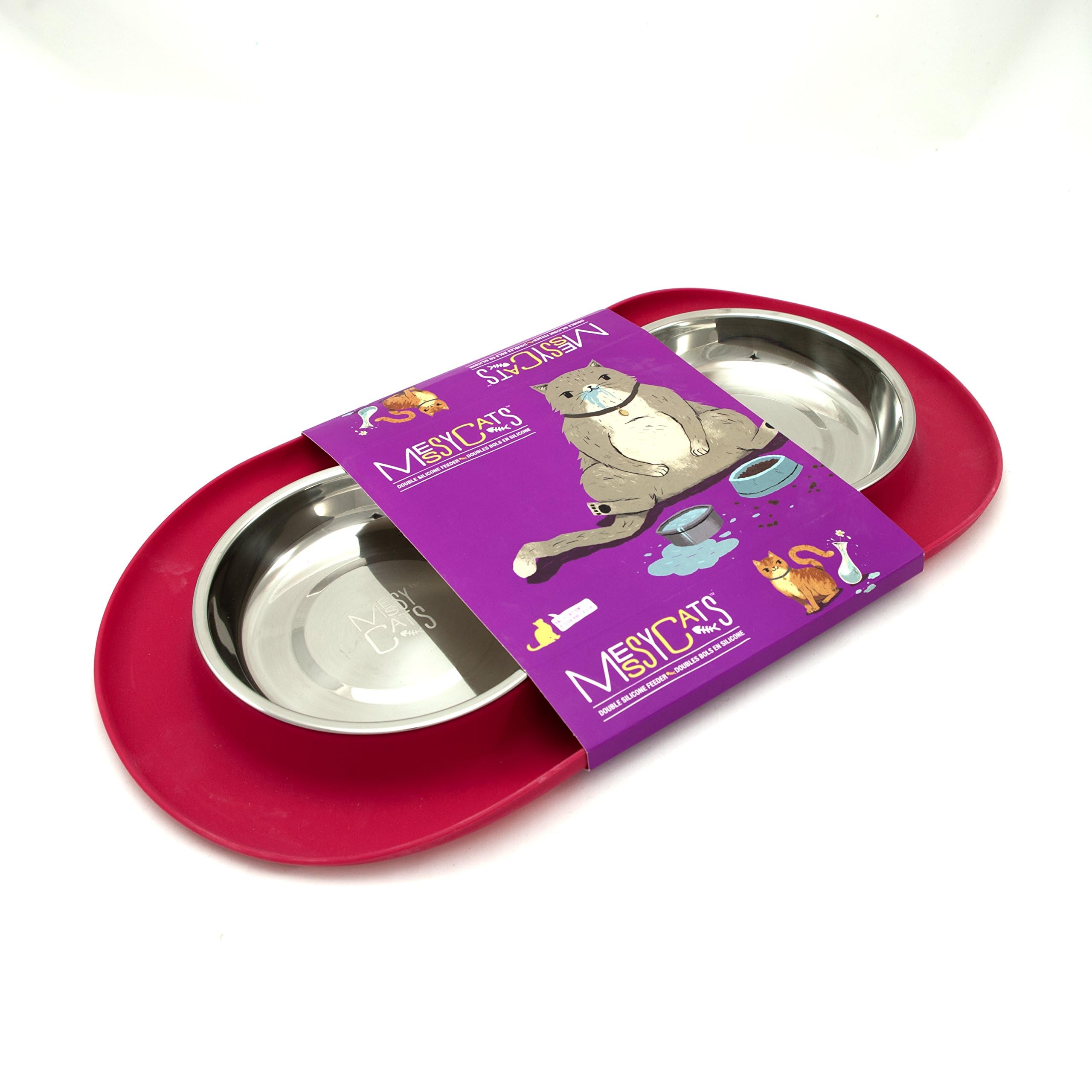 Messy Cats Comedero doble de silicona con cuenco en forma de platillo de acero inoxidable | Cuencos antideslizantes para comida para gatos | Dos cuencos para gatos en estación de alimentación/agua |