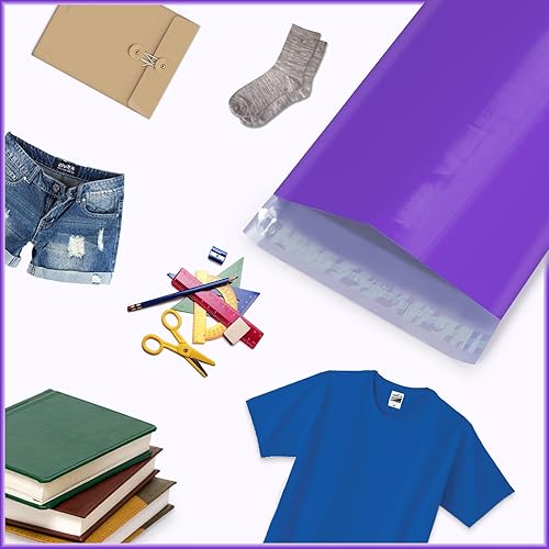 Miniatura 6 de Paquete de 100 sobres de polietileno de 10 x 13 pulgadas, bolsas de envío autosellantes para pequeñas empresas, color morado, impermeables y gruesos