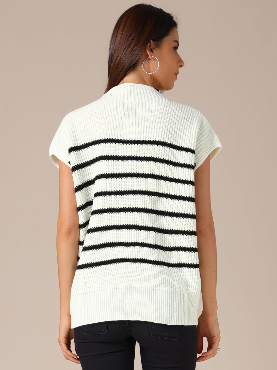 Allegra K Women's Mock Neck Striped Sweater Vest Casual Cap Sleeve Knit Pullover Tops - Image 4