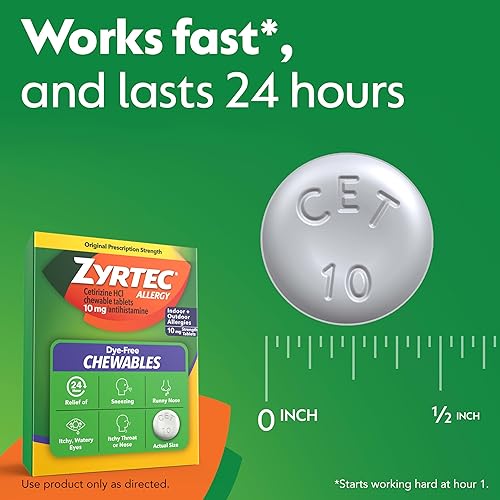 Miniatura 3 de Zyrtec Tabletas masticables para aliviar la alergia las 24 horas, 10 mg de clorhidrato de cetirizina, antihistamínico, sin colorantes, para la