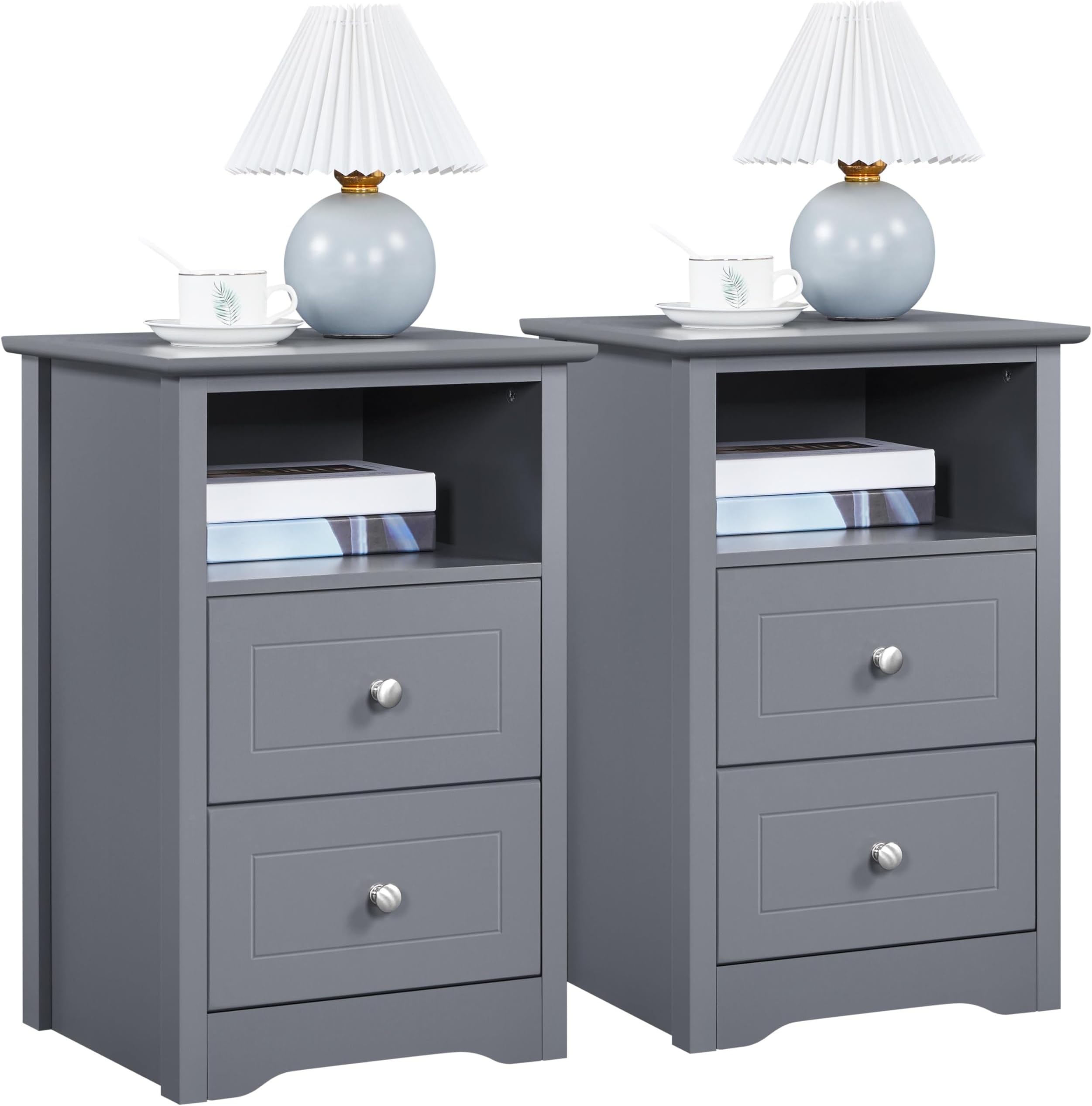 Bedside Tables Set of 2, Wooden Nightstand with 2 Storage Drawers, Open Compartment, Sturdy Modern Cabinet for Bedroom, Living Room, 35x40x60 cm, Grey