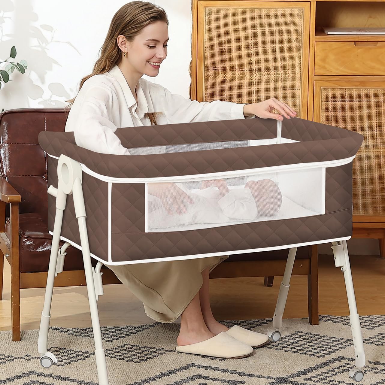 Baby Bassinets Bedside Sleeper, Portable Bassinets with Mosquito Net, Adjustable Height, Breathable Mesh, Storage Basket & Mattress, Baby Crib for Newborn to Toddlers (Coffee)