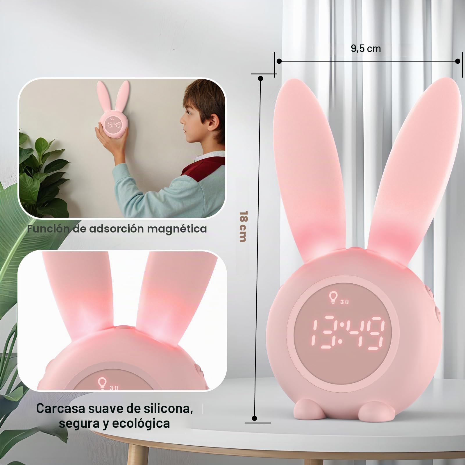 Homealexa Reloj Despertador de Conejo, Conejito Animal Lindo mesita de Noche con luz Nocturna + 6 música Interesante + Función de Cuenta Regresiva, Regalo para niños niños Estudiantes