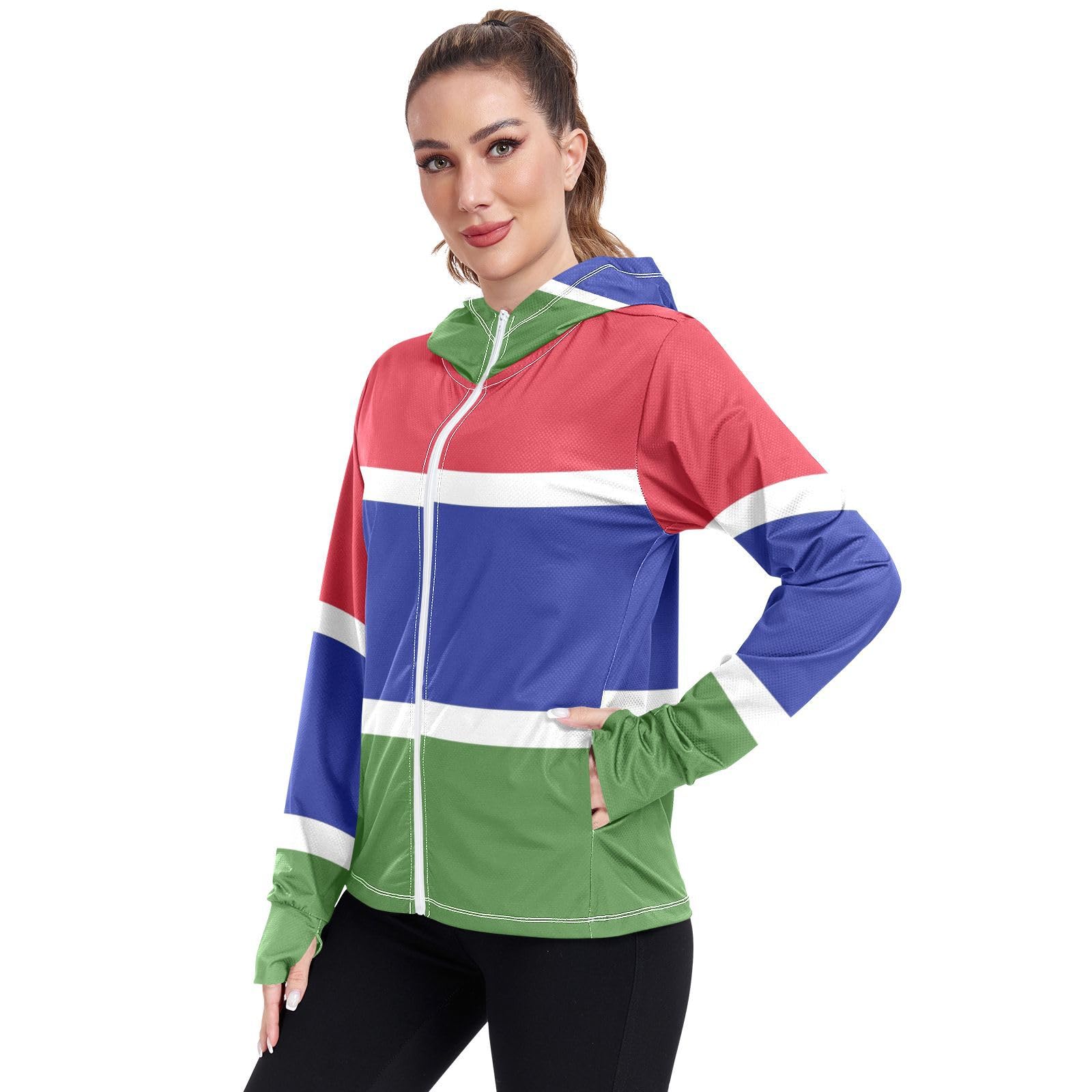 The Gambia Flag Womens UPF 50+ Sun Protection Hoodie Jacket Lightweight Long Sleeve Sun Shirt with Pocket Multicoloured