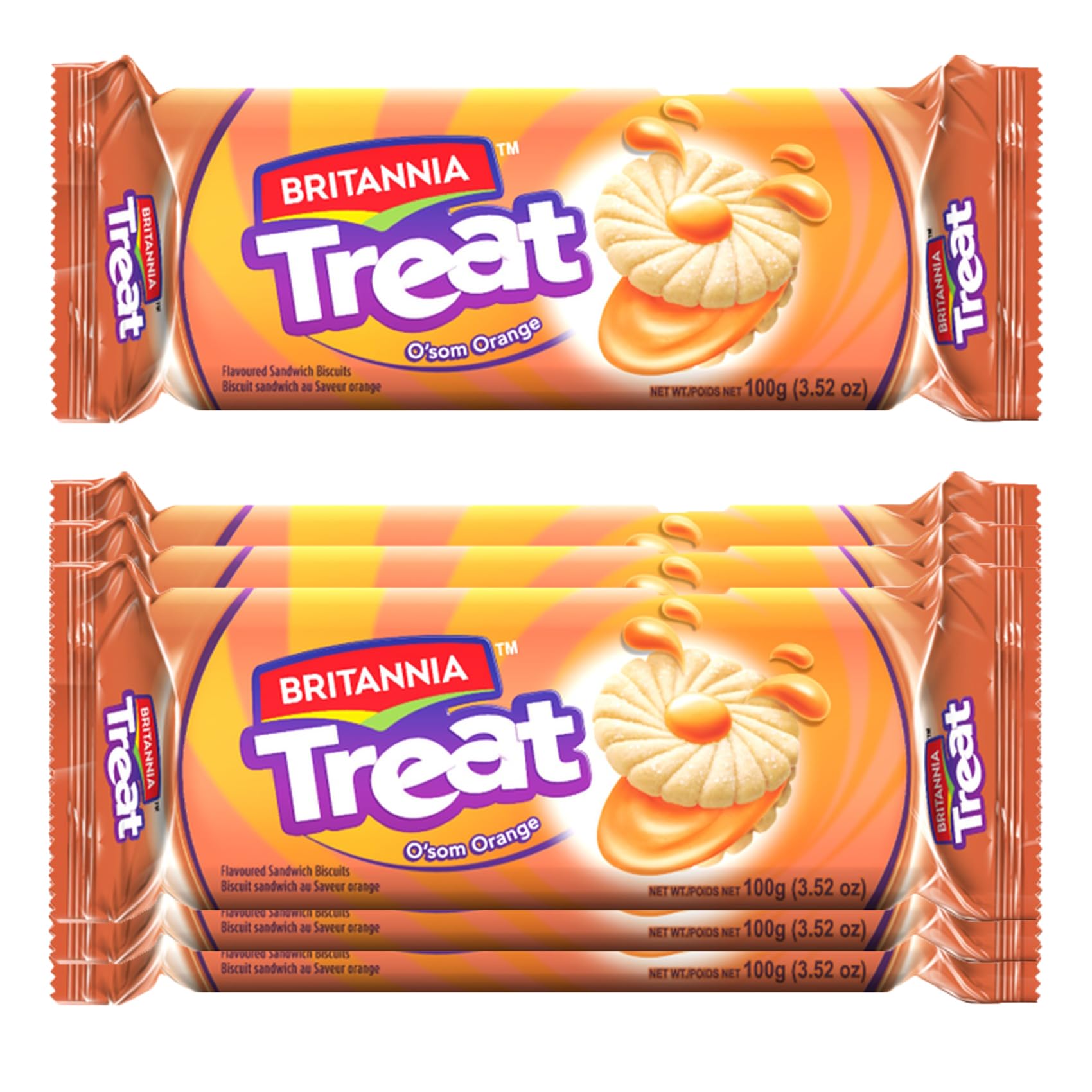 BRITANNIA Treat O'som Orange Biscuits Sandwich 3.52oz (100g) - Pack of 6 - Biscuit sandwich au Saveur orange - Magic of Orange Cream Cookies Breakfast