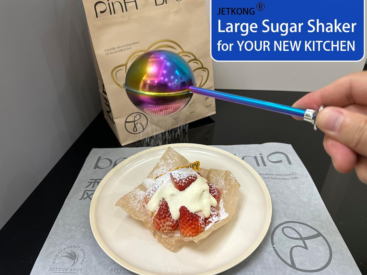 jetkong large flour duster for baking, one-handed operation sugar sifter, 304 stainless steel dusting wand, flour sprinkler for bread baking (large, rainbow) rainbow 1 pcs large