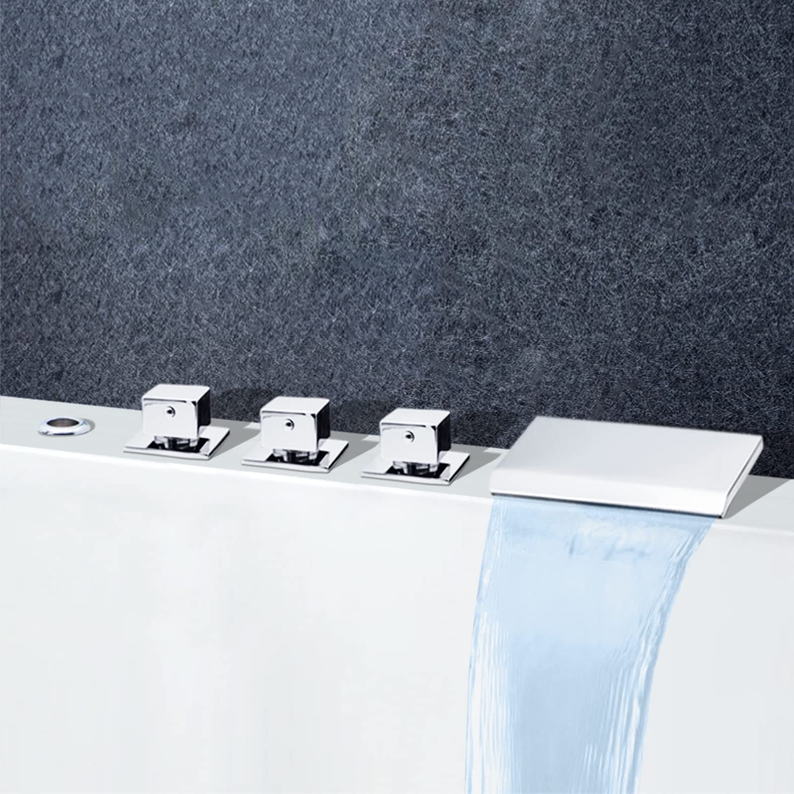 QHQQXN Grifo Cuadrado para bañera de latón con Interruptor, desviador de Ducha, caño en Cascada, Cartucho de cerámica, Triple manija, baño y - Juego de 4 Piezas