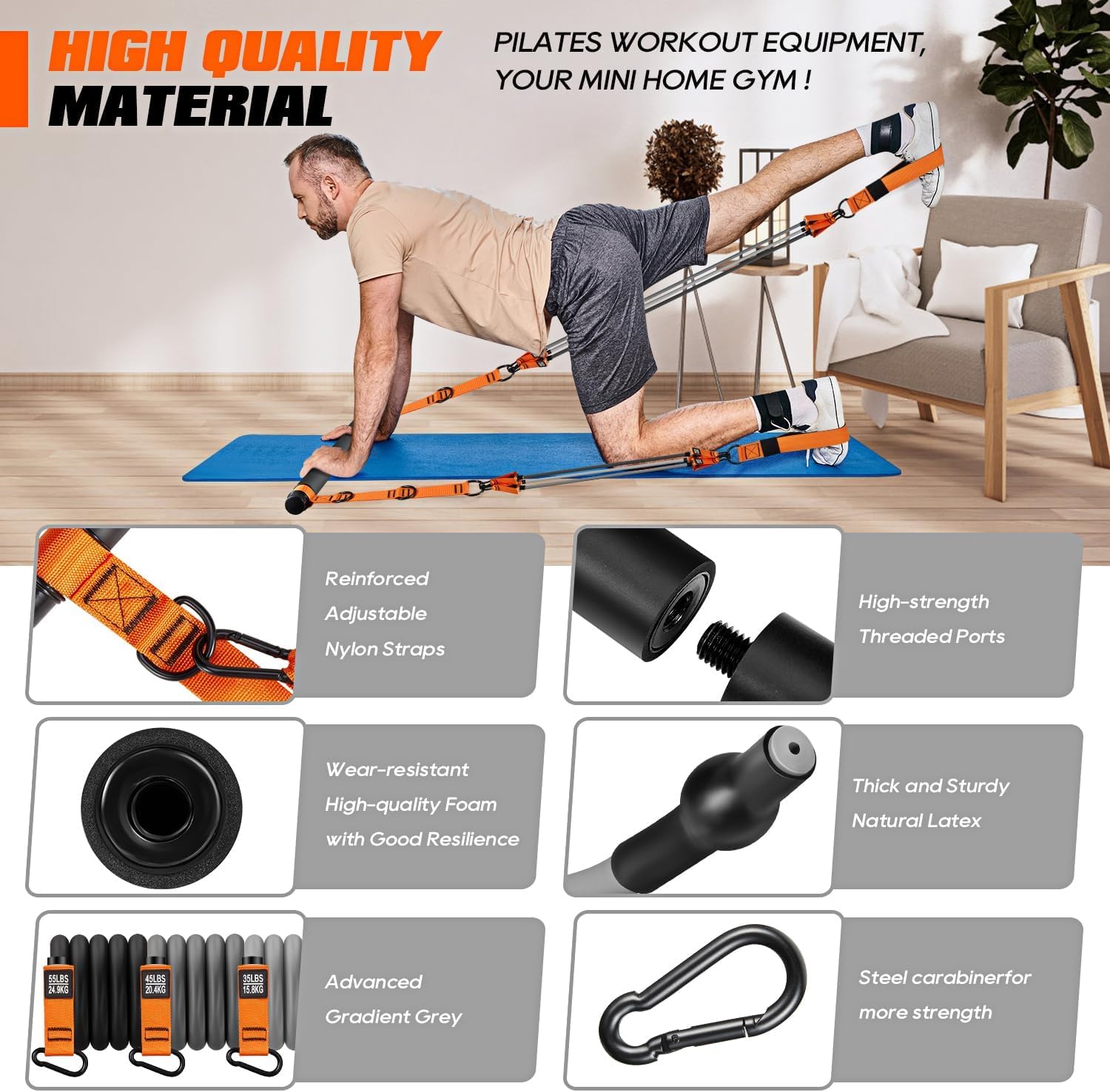 Pilates Equipment, Heavy Duty Pilates Bar Kit with Resistance Bands for Men, Strength Training Bar for Legs, Hip, Waist Back, Arm, Abs, Chest, Shoulders, Portable Home Gym Full Body Workout Equipment