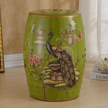 Decorative Garden Stool, Ceramic Garden Stool, Retro Ceramic Drum Stool, Chinese Style Garden Stool, Flower and Bird Decorative Garden Stool, for Terrace, Patio, CottageGrass Green