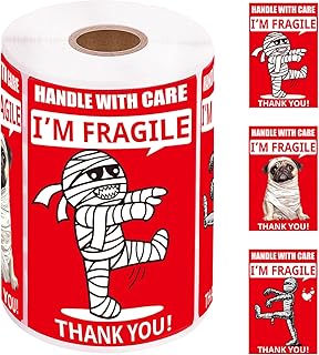 Funny Fragile Stickers 3x2inch 500 Labels - Mummy & Dog Design for Shipping Moving Glass, Permanent Adhesive (1 Roll)​