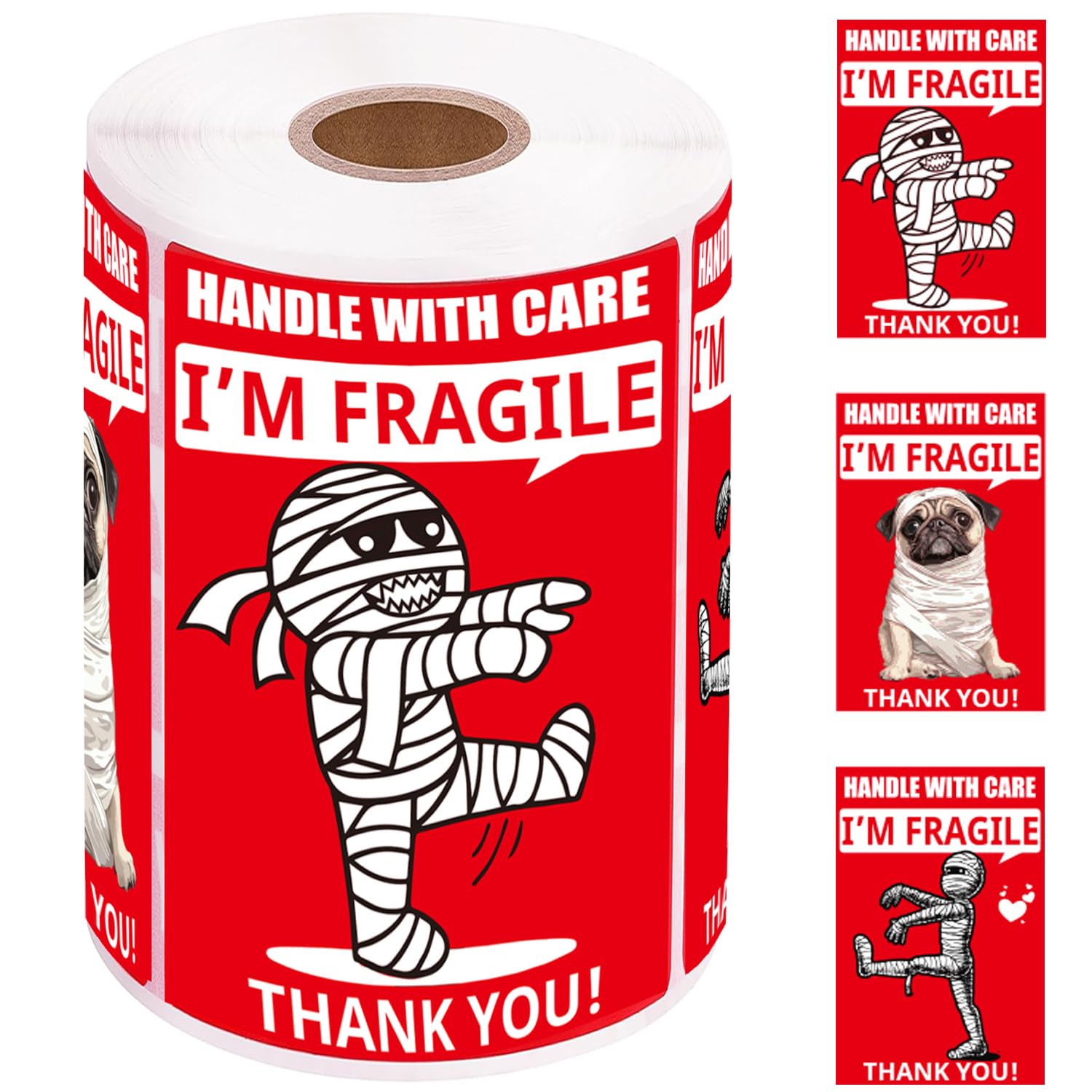 Funny Fragile Stickers 3x2inch 500 Labels - Mummy & Dog Design for Shipping Moving Glass, Permanent Adhesive (1 Roll)​