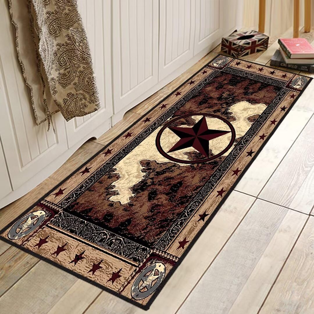 Western Rugs for Bedroom Western Runner Rug 2x6,Texas Star Vintage Style Stars,Rustic Throw Accent Area Rug Non Slip Washable Rug Runner Floor Carpet