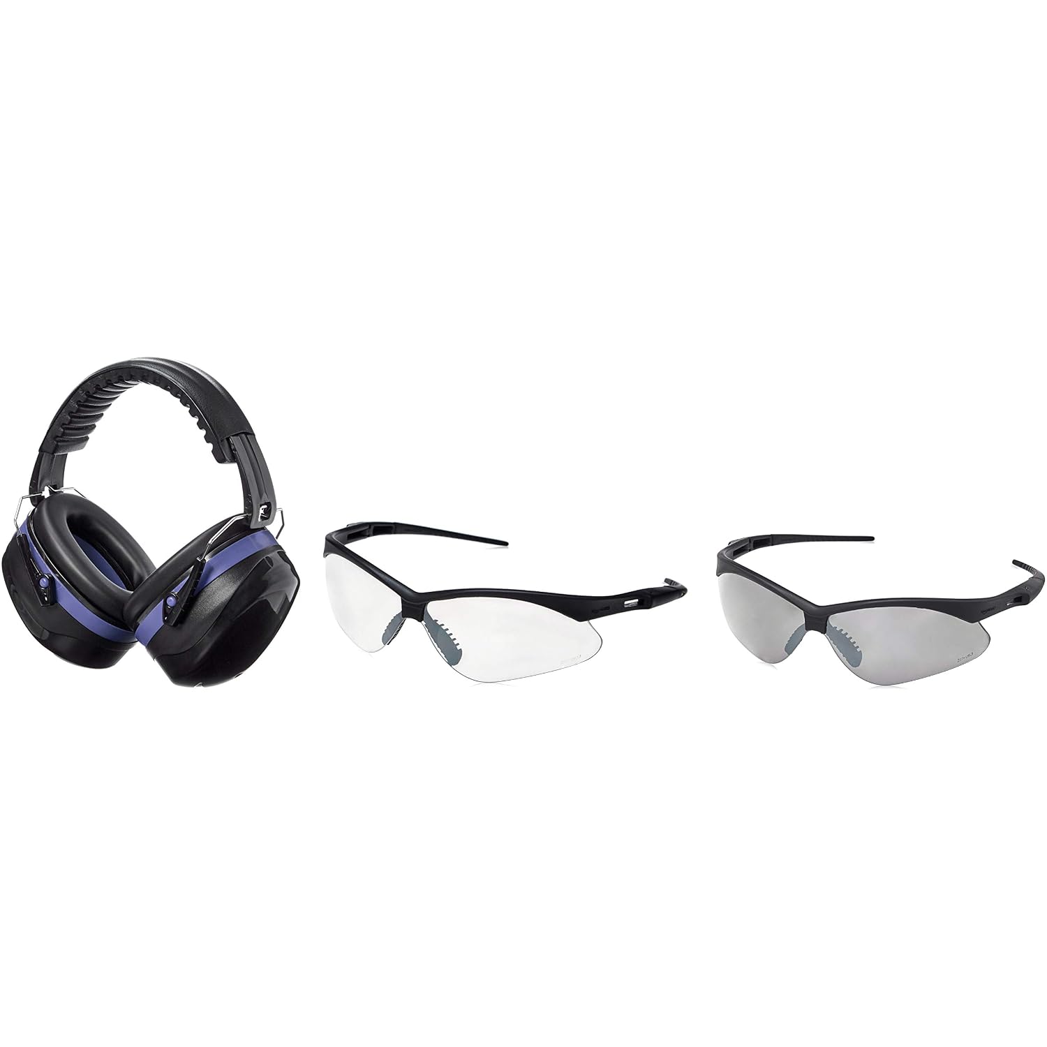 Amazon Basics Safety Ear Muffs Ear Protection, Black and Blue, and Safety Glasses, Smoke Lens