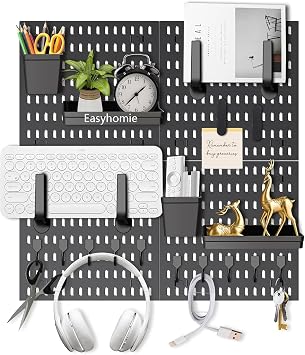Wall Organiser Pegboard Combination Kit with 4 Tiles 30x30cm Pegboards + 20 Pieces Accessories for Room Storage, Organization and Decoration, Free Combination & Easy Install