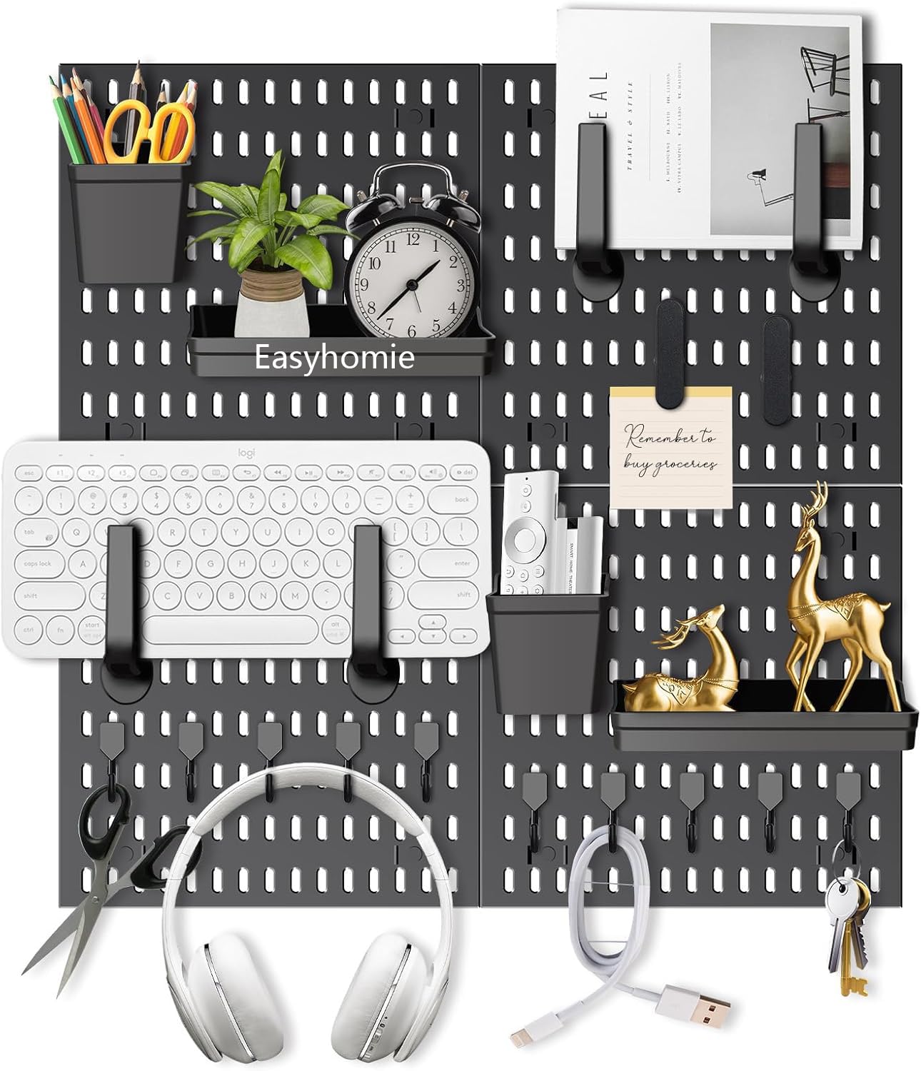 Wall Organiser Pegboard Combination Kit with 4 Tiles 30x30cm Pegboards + 20 Pieces Accessories for Room Storage, Organization and Decoration, Free Combination & Easy Install