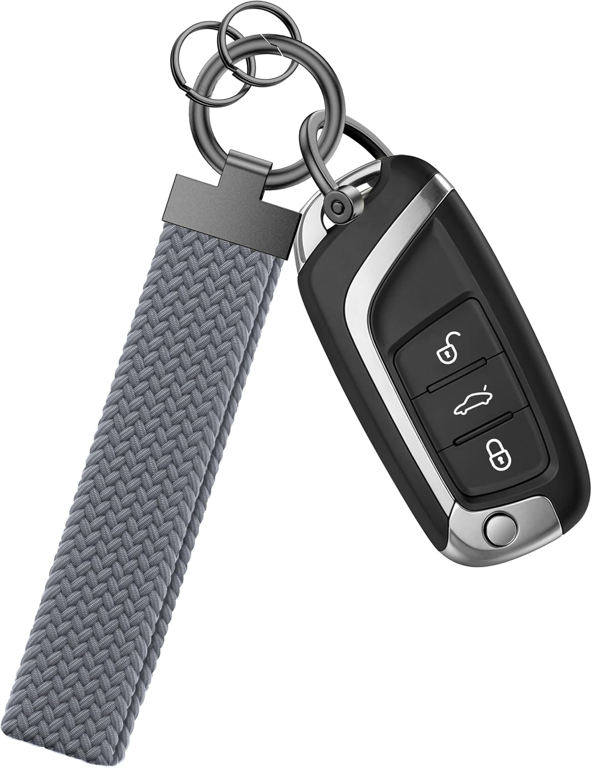 ANGSTUEM Stretchy Braided Wristlet D-Ring Detachable for Women&Men Wearable Car Key Chain,grey-A