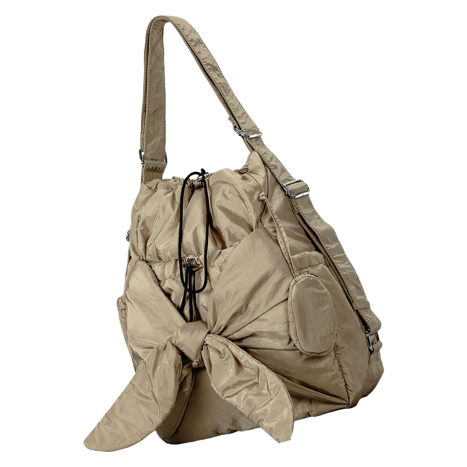 Borsa a secchiello alla moda con coulisse spaziosa borsa a tracolla in nylon con tasche multiple zaino con fiocco per le donne borsa a secchiello in nylon