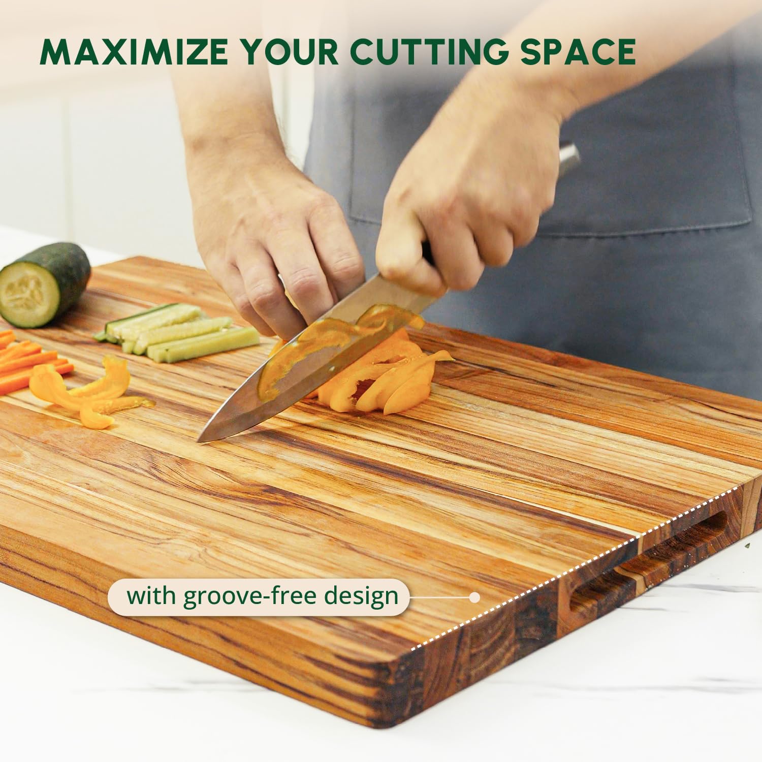 BEEFURNI Tabla de cortar de madera de teca con agarre de mano (L, 22 x 16 x 1.25 pulgadas), tablas de cortar grandes de madera para cocina, bloque de carnicero reversible, tablas de charcutería
