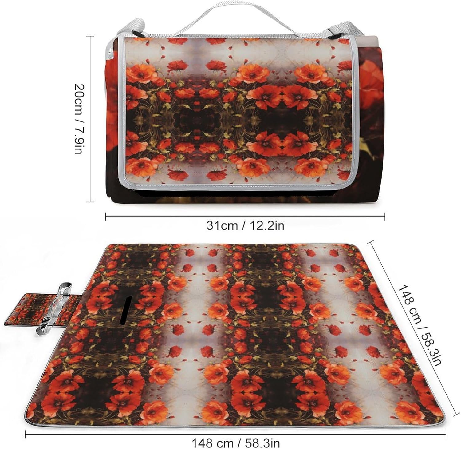 Outdoor Picnic Blanket,Oil Painting Red Flower Print Picnic Blankets,Large Beach Blanket Sand Free Foldable Portable Camping Blanket, 58.3x58.3