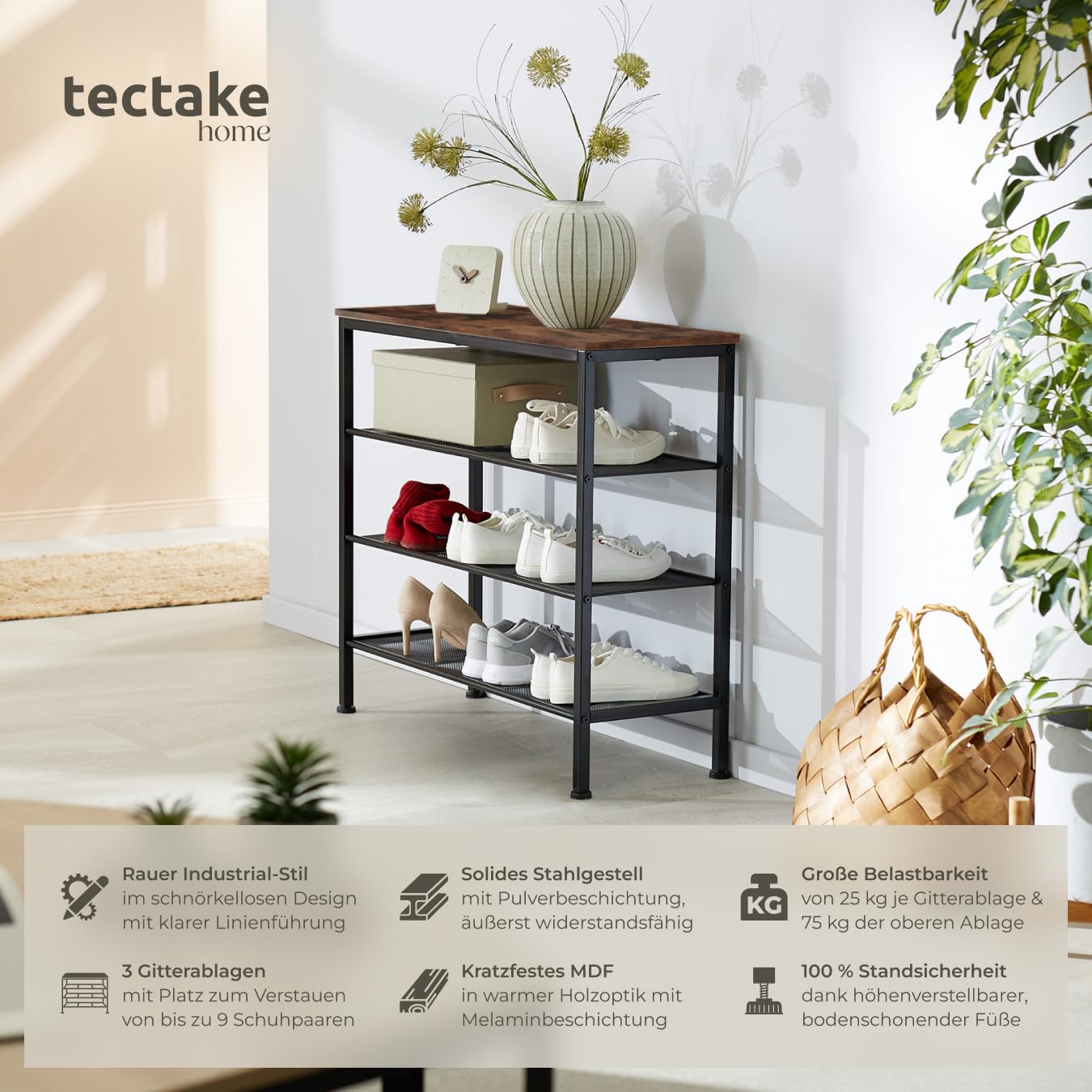 tectake 800955 Schuhregal schmal mit Ablagefläche, Schuhablage aus Holz Metall, Industrie-Design, 4 Ebenen mit 3 Gitterablagen, 80,5 x 30,5 x 72,5cm, schwarzes Metallgestell (Dunkelbraun | Nr. 404293)