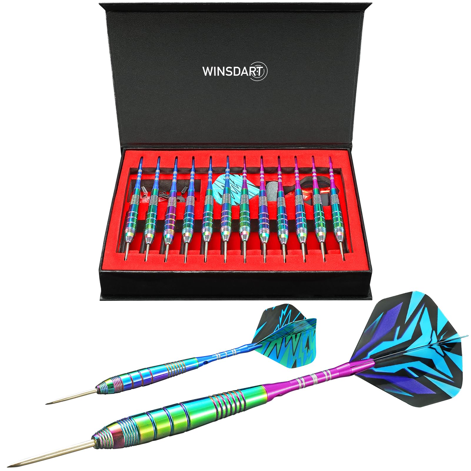WINSDART Darts Metal Tip Set Professional Metal Darts for Dartboard Steel Tip Darts with Nonslip Iron Barrel Aluminum Dart Shafts,Extra Flights,Dart Sharpener,Gift Box Colorful gradient Darts Set