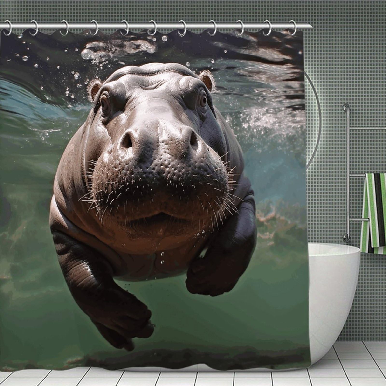 VstaDank Diving Hippo Shower Curtain Waterproof Bathroom Curtain with Hooks Luxury Weighted Bath Curtains for Bathtubs Showers Room Dividers Decorative Shower Curtains 71x71 in