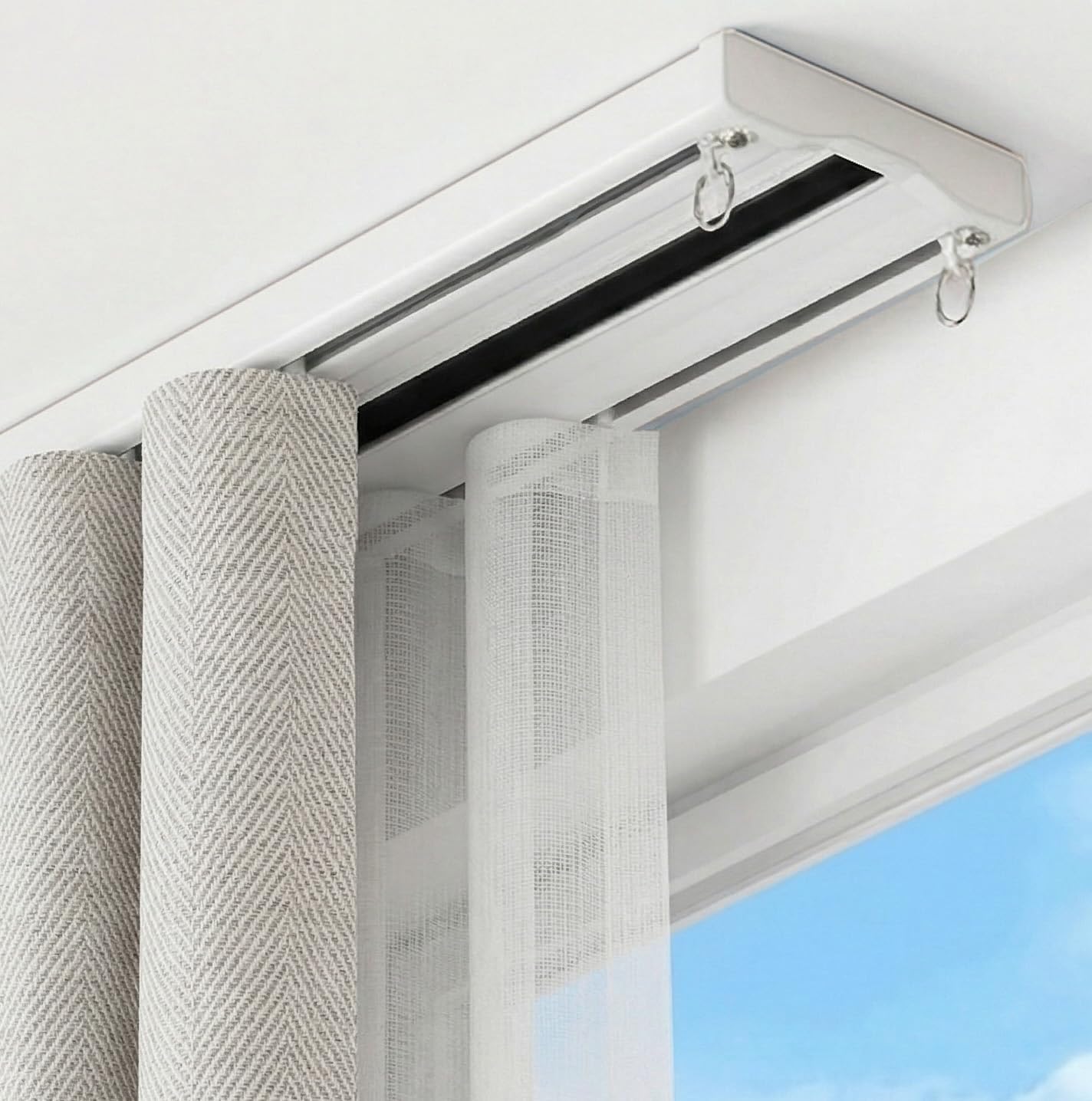 Double Curtain Track Ceiling Mounted Silent Glide Hooks Heavy Duty Dual Row Rail (380cm)