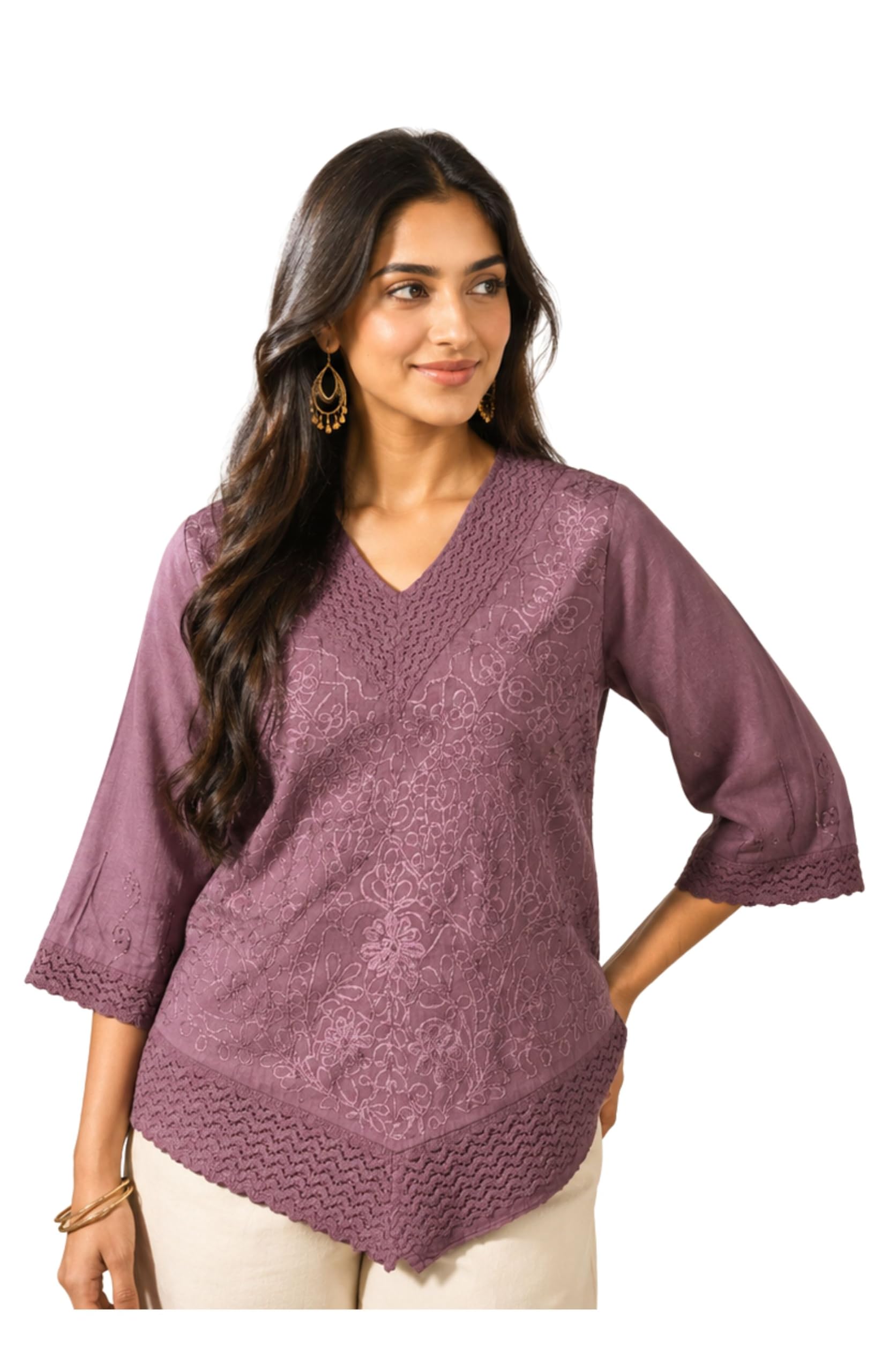 Women’s 3/4 Sleeve Embroidered Design V Neck Cotton Short Kurti for Wedding Party & Festive-picture-41