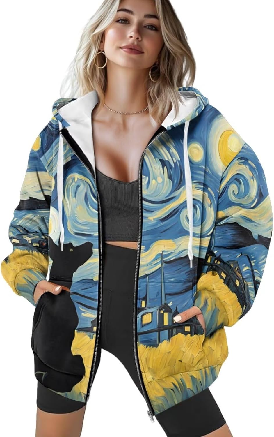 Oil Painting Printed Hoodie for Women, Zip Up Drawstring Hooded Pullover Sweatshirt with Pockets for Home, Yoga