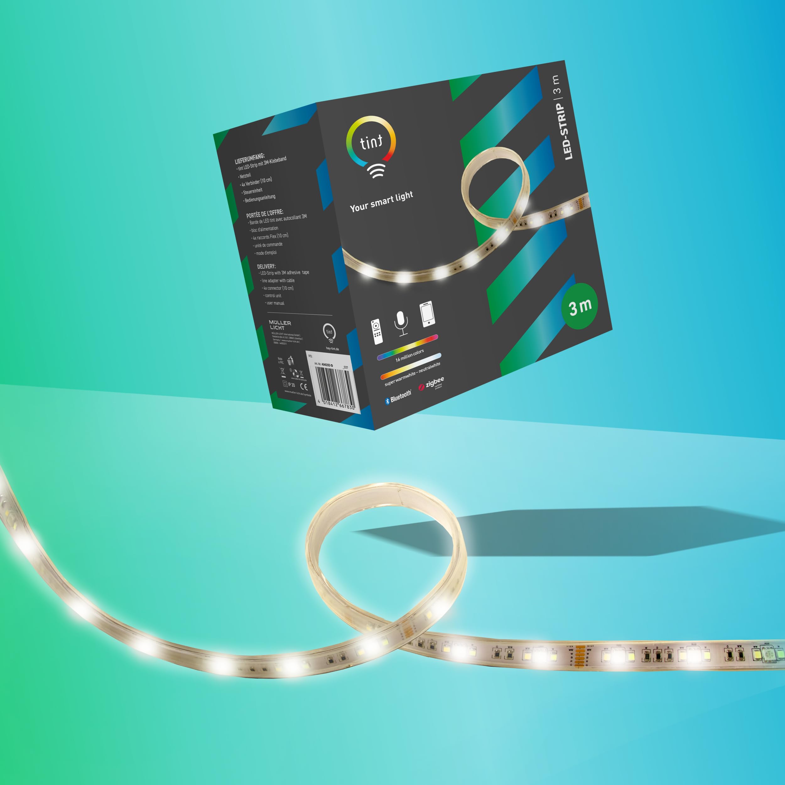 tint Tira LED inteligente, luz blanca y de color RGB para iluminación indirecta, cambio de color, 3 m de longitud, 16 W, 6 escenas de luz preprogramadas, Zigbee, funciona con Alexa..