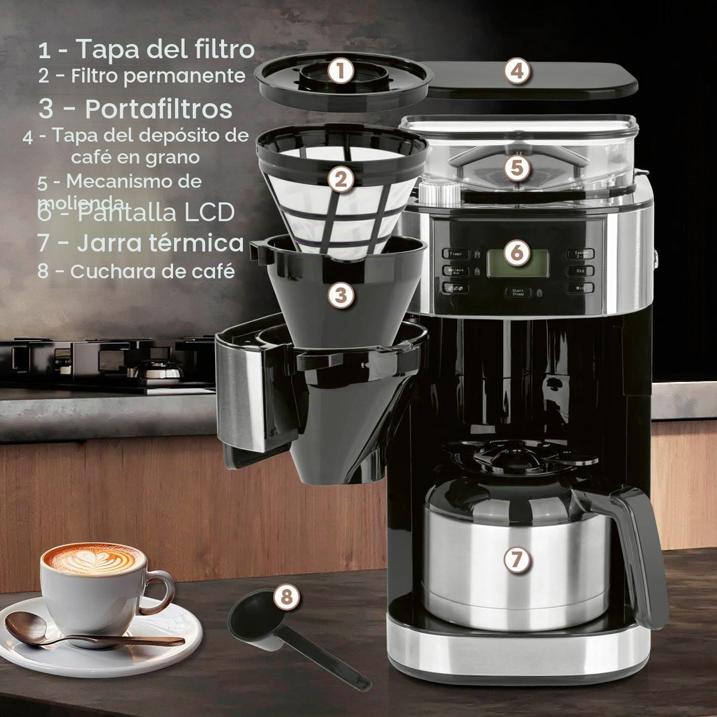Barista Cafetera de filtro con molinillo ajustable y jarra térmica, función de mantenimiento del calor, temporizador de 24 horas y filtro permanente, para 10 tazas de café