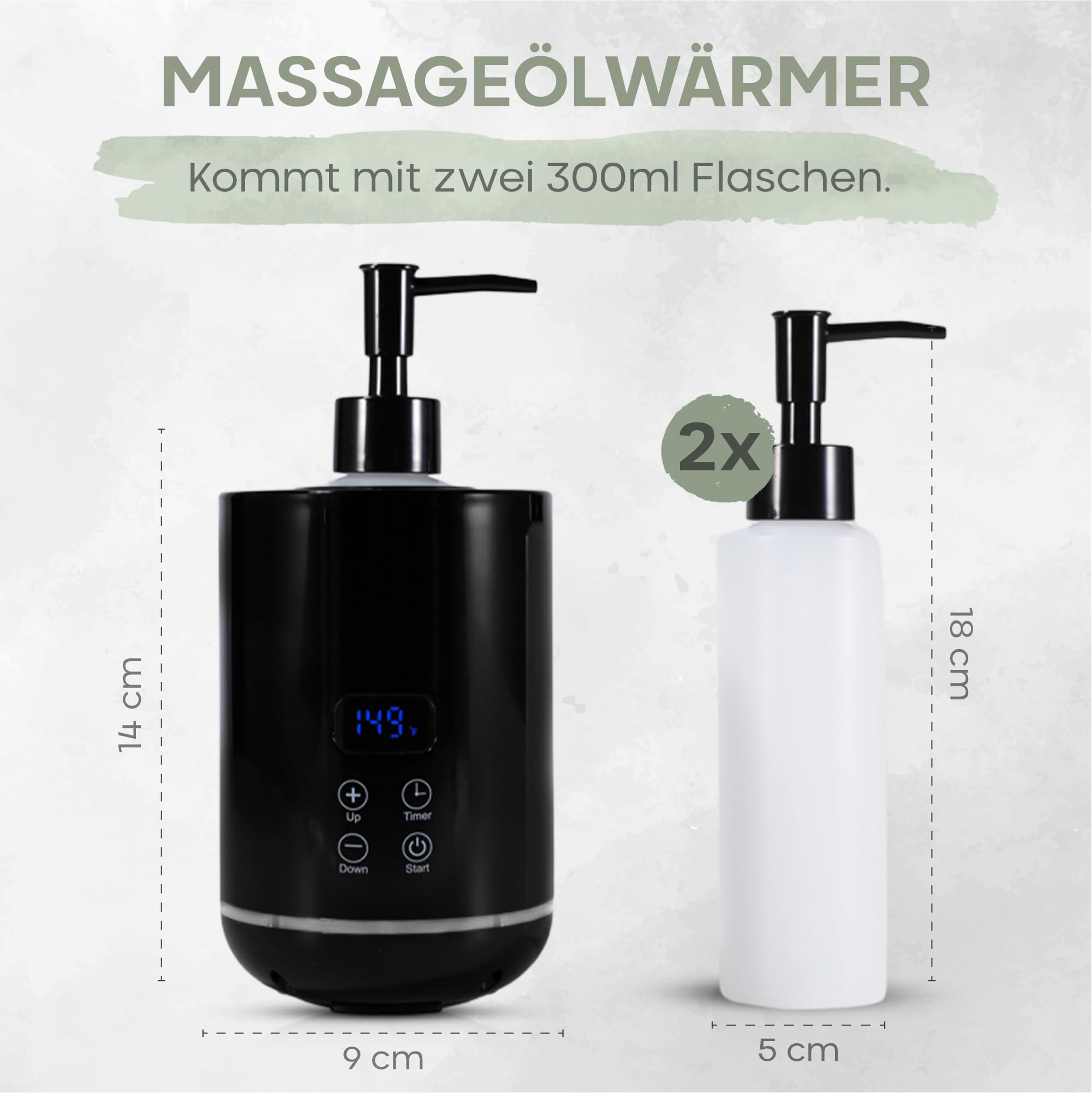 Massageöl Wärmer, 250 ml Kunststoff Flasche (2x), Fast-Heating Technologie (20 Min Aufheizen), Massageöl und ätherische Öle, Temperatur (30-65 Grad), Massage Wellness, stilvoller Erwärmer (Schwarz)