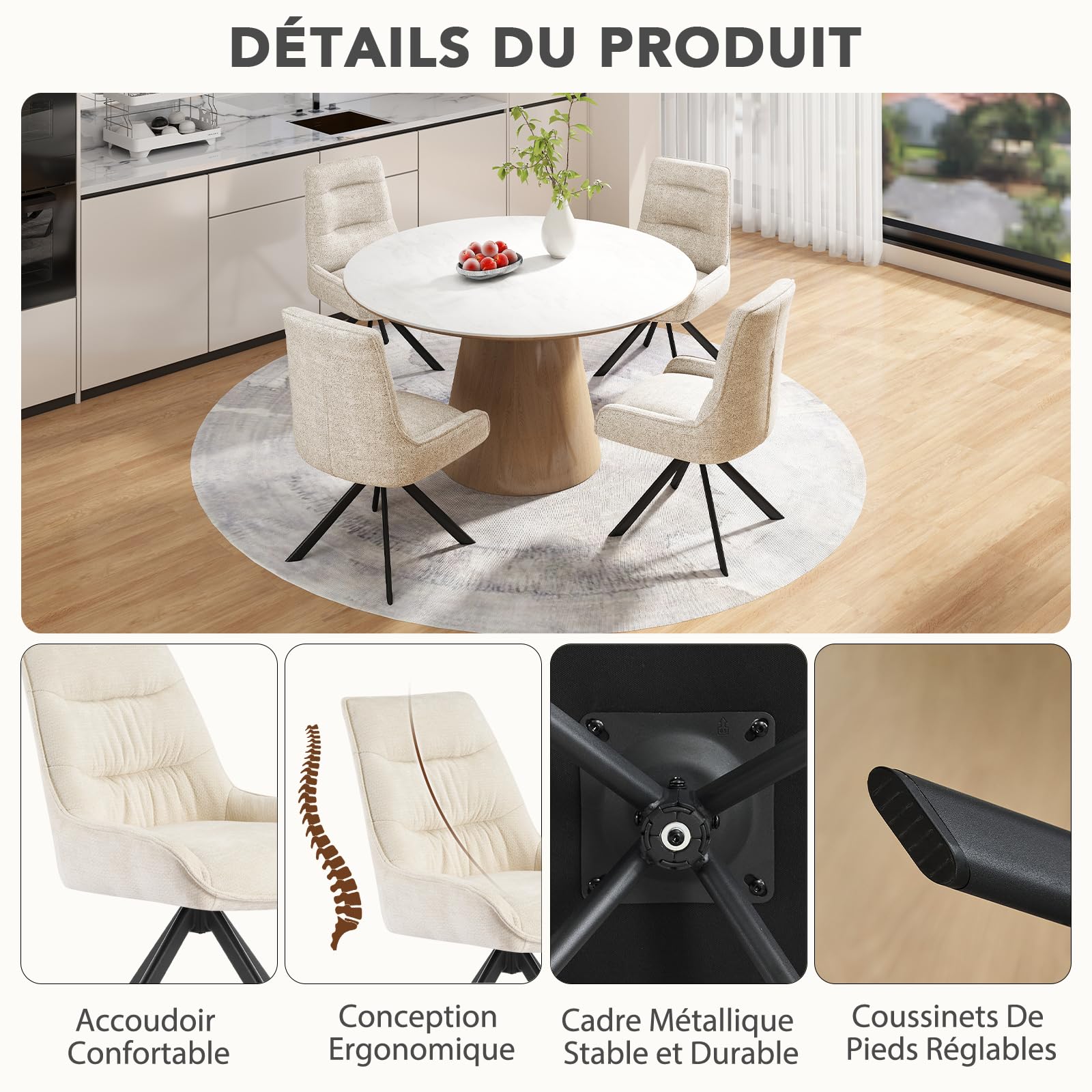 Chaises Pivotante Salle à Manger à 360° Lot de 2, Chaises Fauteuil Salle à Manger, Chaise de Cuisine Rembourrées en Tissu Chenille pour Chambre à Coucher Cuisine Salon, Beige
