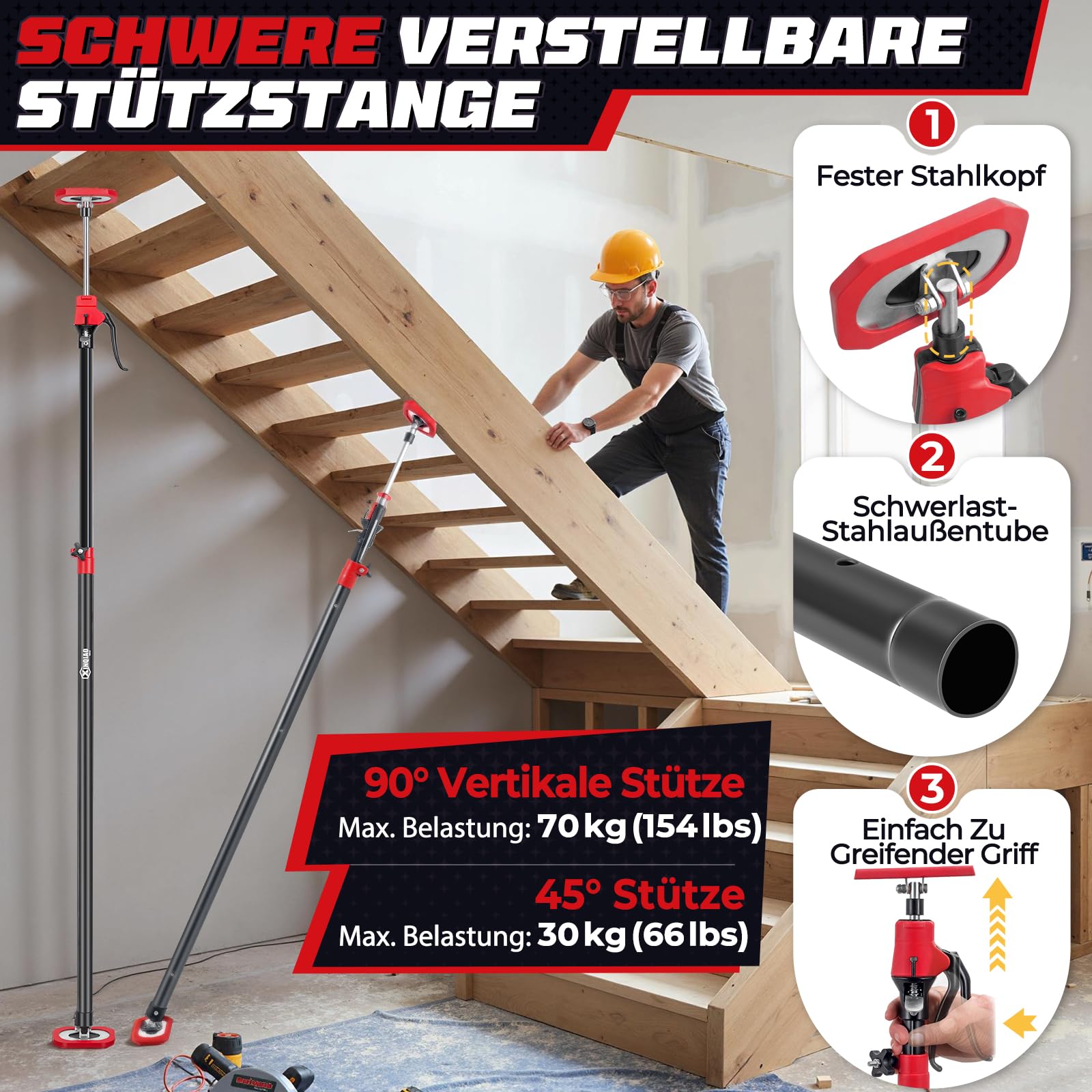 XINQIAO Montagestütze für die Schrankmontage, Schwerlast-Deckenstütze mit Verstellbarer Teleskopstange von 125 cm bis 290 cm, 4 Stück