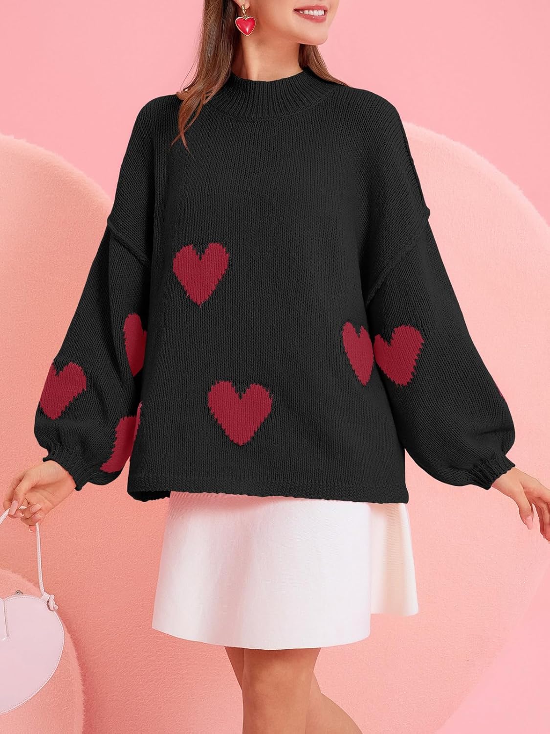 Saodimallsu Womens Oversized Heart Sweater Valentines Cute Mock Neck Chunky Knit Long Sleeve Tunic Sweaters - Image 3