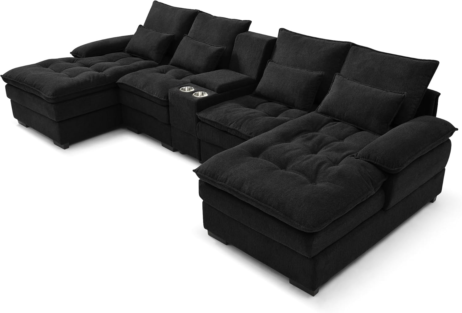 KEIKI U-Shaped 6 seat Sofa with Storage Console, Cup Holders, 130" Upholstered Sectional Sofa, Button Tufted Cloud Cushion Couch for Home, Office, Black