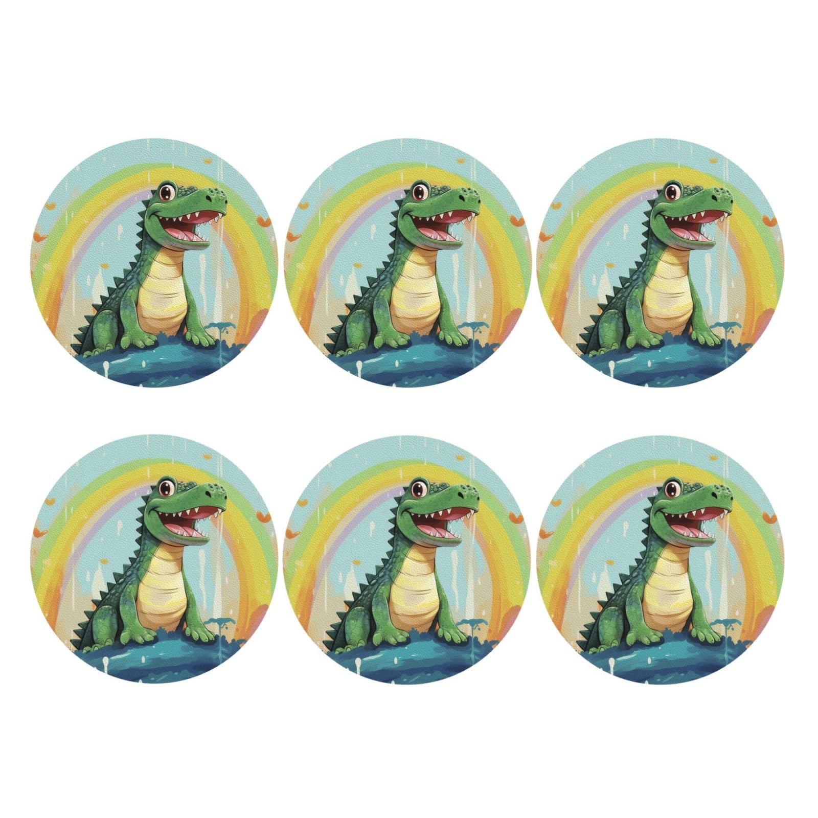 6pcs Leather Coasters for Drinks, Cute Crocodile Rainbow Drink Coasters for Tabletop Protection, 4" Cup Coasters for Coffee Table Decor, Non-Slip Drinking Cup Mat for Hot Or Cold Drink