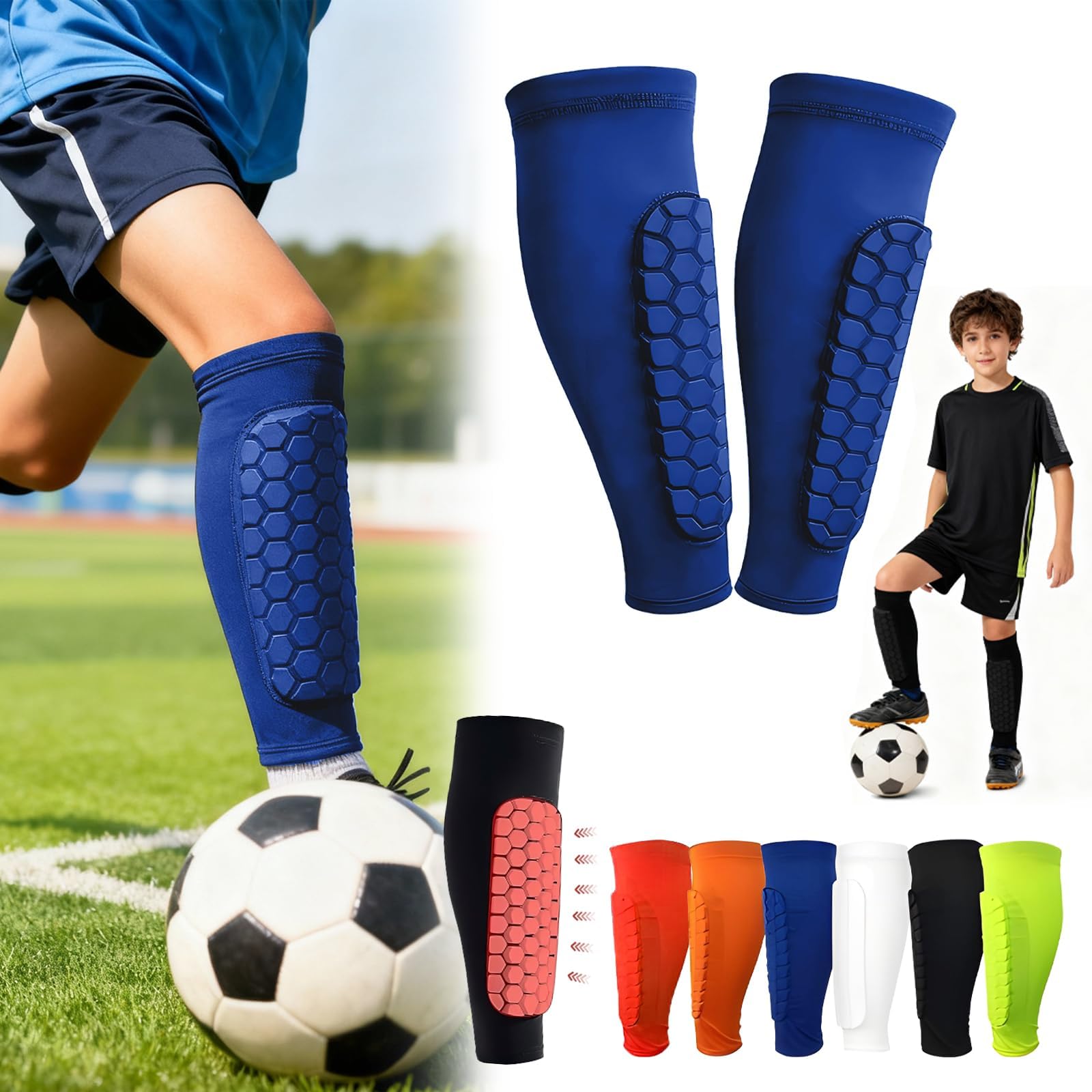 Football Shin Pads Guards for Boys Girls, Shin Guards for Defender Honeycomb Compression Sleeve for Superior Impact Absorption, Elastic Breathable Knit, Lightweight Comfortable Fit Soccer (Blue, XL)